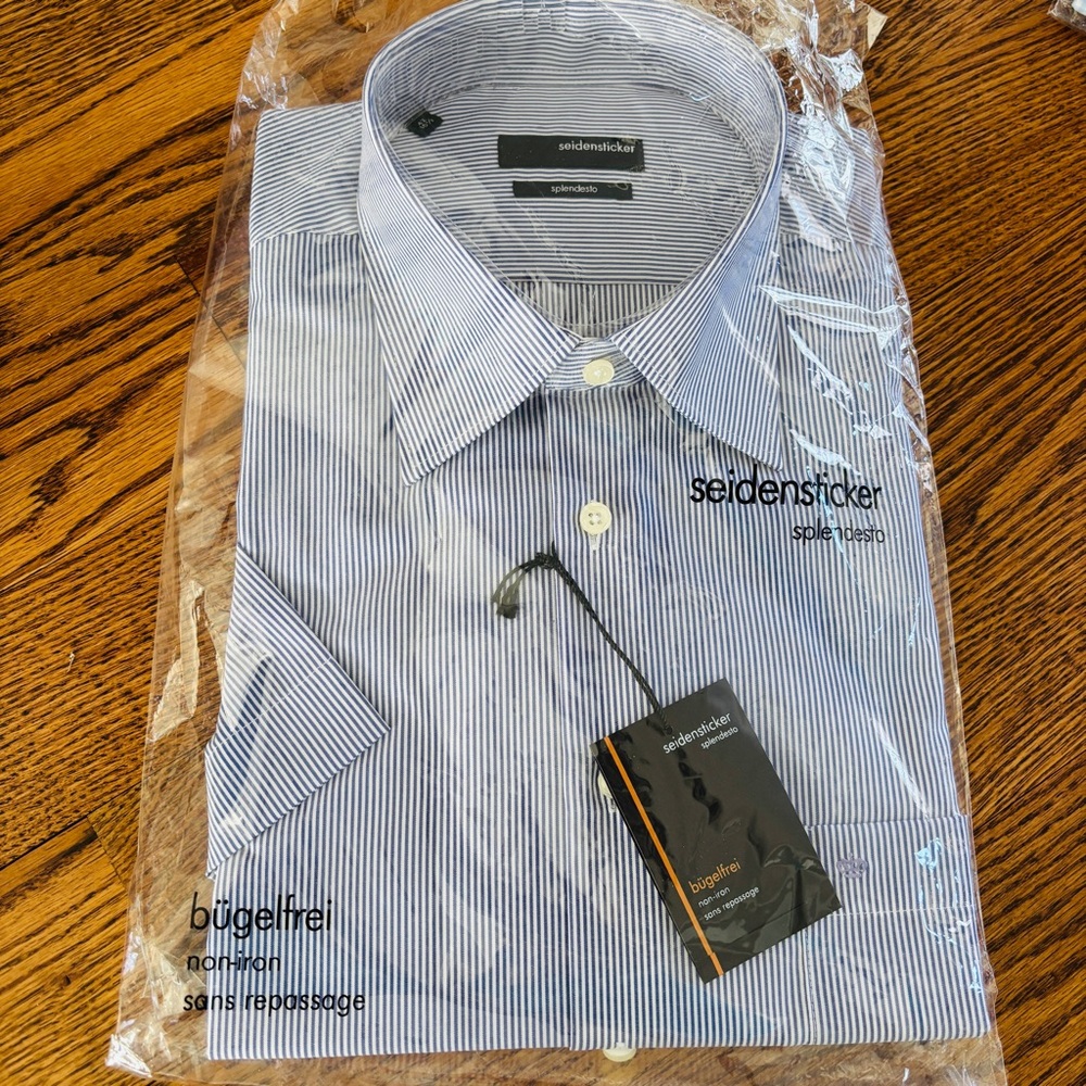 NEW Seidensticker Blue Striped Dress Shirt 100% Cotton Short Sleeve Sz 16.5 Sz L